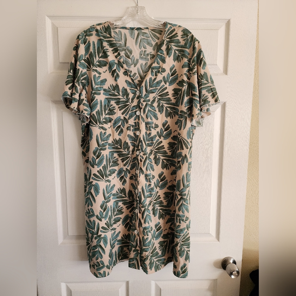 Short sleeve button down foliage dress